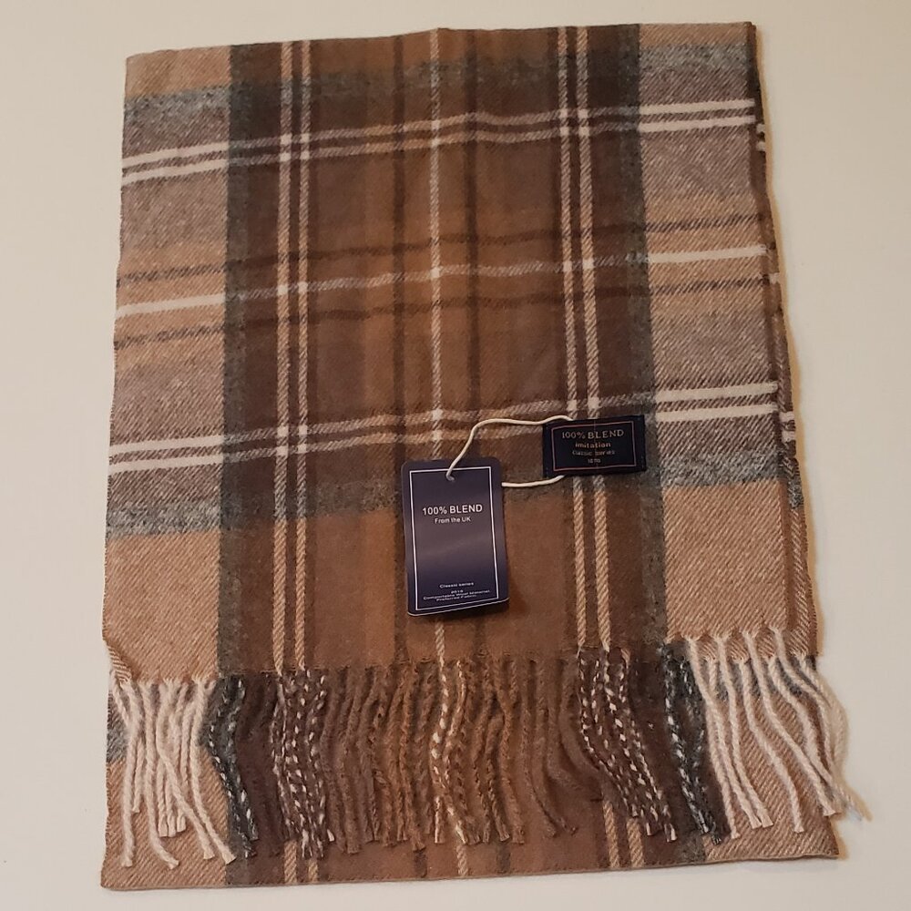 Wool Blend  Tan, Brown, Grey and Cream Plaid Winter Scarf - New with Tag